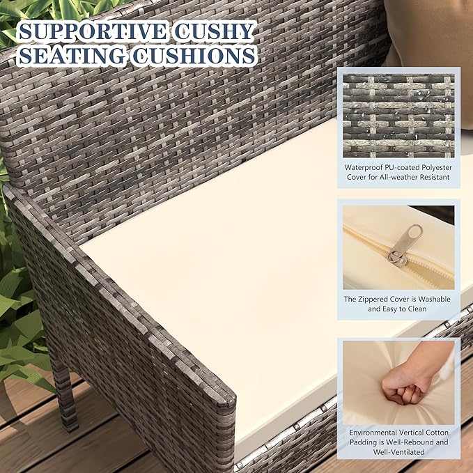 4 Pieces Patio Furniture Set, Outdoor Wicker Rattan Patio Conversation Furniture Set with Waterproof Cushion and Table for Lawn Poolside Backyard Garden Balcony Porch