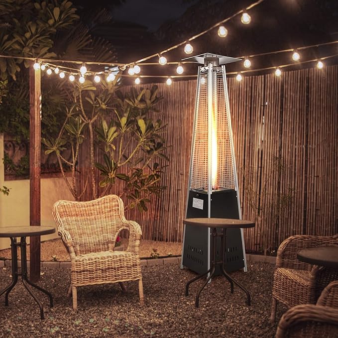 LUCKYERMORE Pyramid Patio Heater Outdoor, 42,000 BTU Wind-Resistance Quartz Glass Tube Flame Heater with Wheels Propane, Black