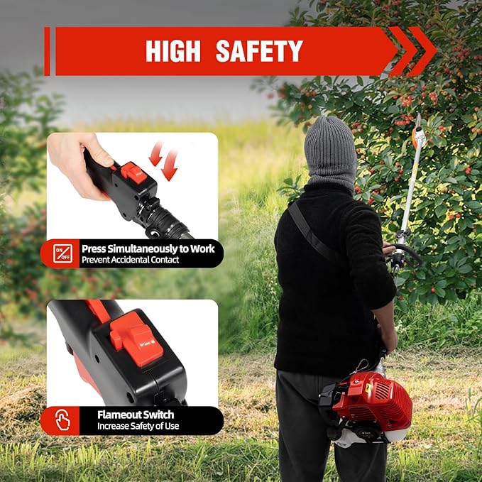 43CC 2-Stroke Grass Trimmer, 1250W Gas Trimmer Gas Powered Pole Saw Garden Pole Chainsaw for Lawn Yard Farmland Sawing High Branches and Small Trees Tree Trimmer