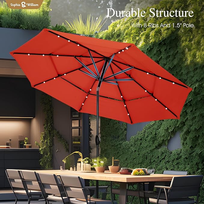 Sophia & William 10ft Patio Umbrellas 3-Tier Umbrella Outdoor Patio Umbrellas with Lights Vented Top 24 LED lights Adjustable Tilt for Pool Garden Backyard, Red