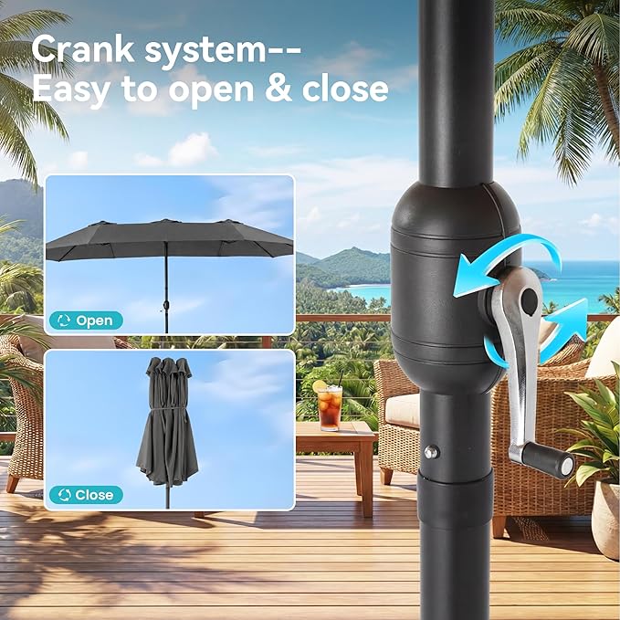 COSIEST 15FT Patio Umbrella with Base Included, Outdoor Double-Sided Table Umbrella,Large Rectangular Market Umbrella w Crank Handle for Garden, Pool, Deck Shade, Dark Gray