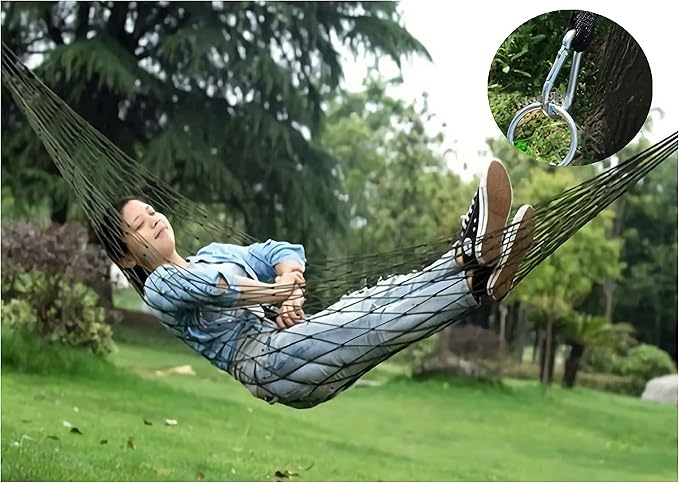 KNC Outdoor Travel Camping Sport Hammock with Tree Straps for Hanging, Army Green Net Mesh Nylon Sleeping Bed Swing with Hooks for Garden Beach Camping Hunting Hiking Traveling