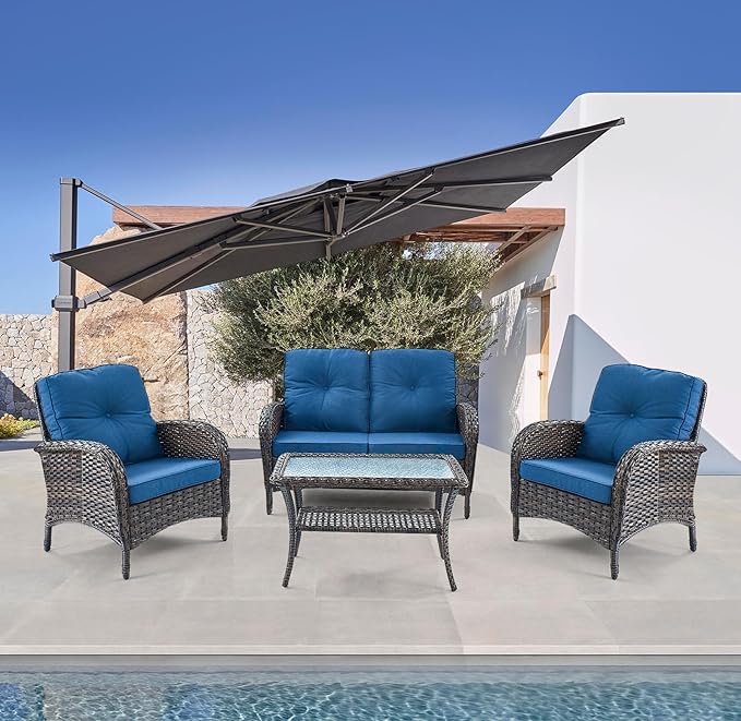 Belord Outdoor Wicker Loveseat Furniture Set of 4 with Coffee Table for Porch Deck Balcony, 4 Pieces Rattan Outdoor Conversation Sets Include 2 Club Chairs 1 Loveseat Couch 1 Coffee Table Brown/Blue