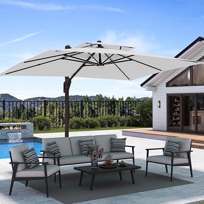 9' X 12' Patio Umbrella with Weighted Base and LED Lights Outdoor Cantilever Large Rectangle Offset Umbrellas Heavy Duty Aluminum Double Top with 360-degree Rotation for Pool Garden Deck, Fog Grey