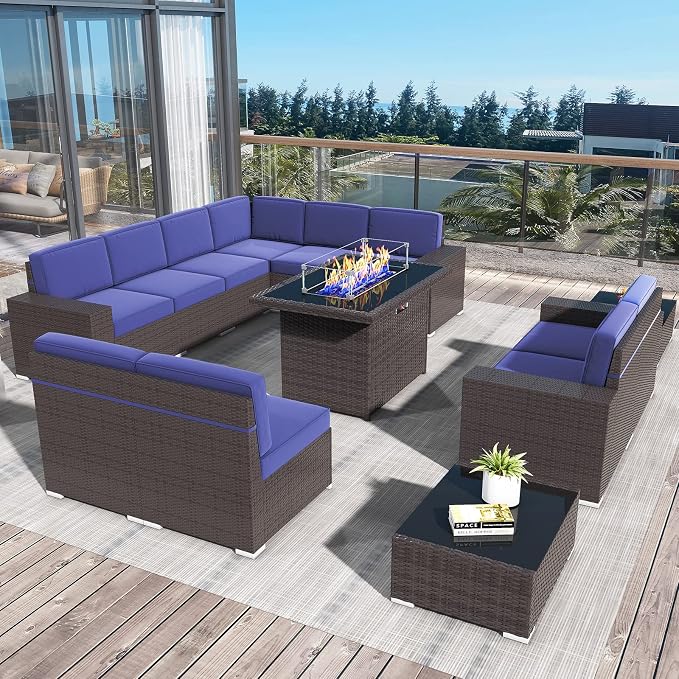 13 Pieces Patio Furniture Set with 44" Propane Gas Fire Pit Table, Outdoor Sectional Brown Rattan Wicker Conversation Sofa Sets with Coffee Table