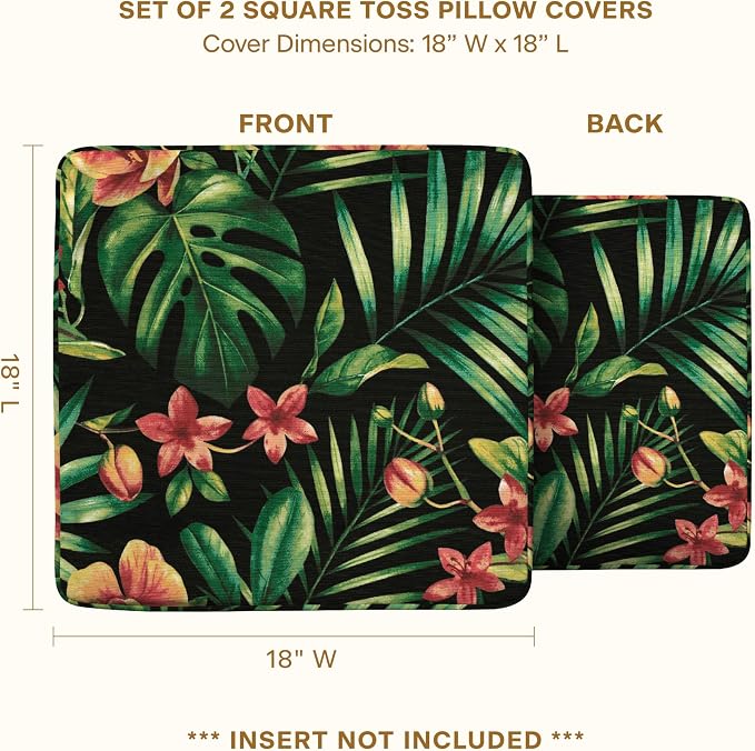 Honeycomb Outdoor Square Toss Pillow Covers, 18 x 18, 2-Pack | Oahu Tropical Black Slipcovers, Water & Fade Resistant for Patio Furniture Set, Cover Only, No Insert