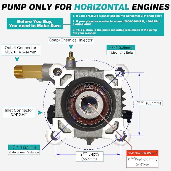 3/4" Shaft Horizontal Pressure Washer Pump 2600-3200 psi Power Washer Pump Replacment Max 3200 PSI, Compatible with Honda, Simpson and More Pressure Washers