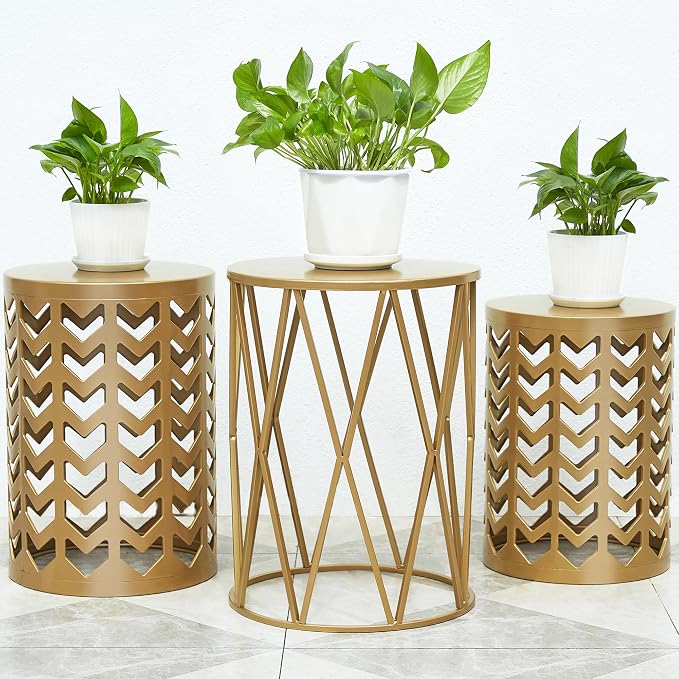 Nesting Side Table Set of 3 Decorative Round Garden Stools for Indoor Outdoor Heavy Duty Metal Frame Side Table Nightstands Modern End Table Plant Stand, Glossy Golden
