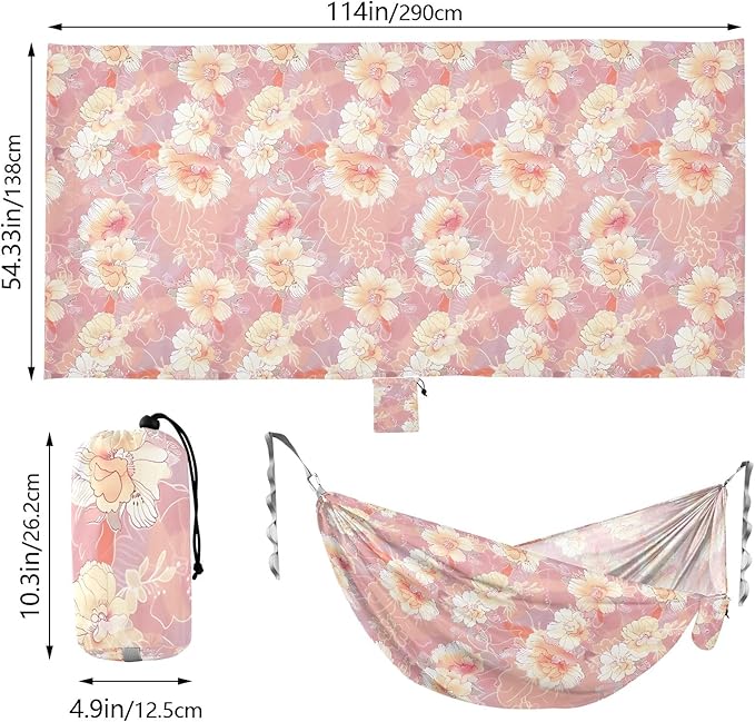 Camping Hammock Outdoor Hammocks for Outside Peony Flower Salmon Beach Trees Portable Lightweight with Pockets Tree Straps Indoor