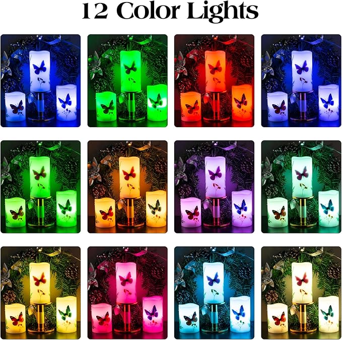 Candles Set of 3 Flameless 4" 5" 6" Unscented Tealight Butterfly Flower Plants Decor Real Wax Pillar Candle LED Lights 12 Color Changing 4H 8H Timer Remote Control AAA Batteries Operated