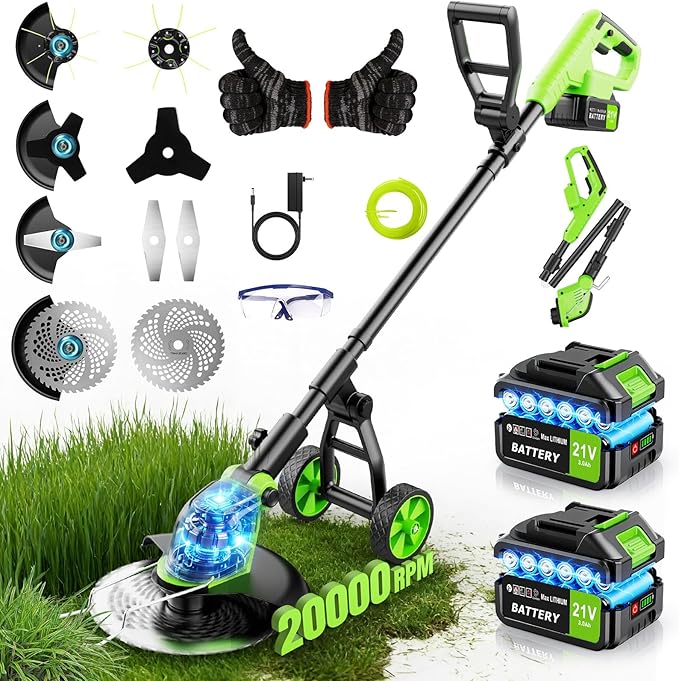 20000 RPM Electric Weed Eater Battery Powered 6000mAh, 12″ Brushless Electric Weed Wacker Cordless Wheeled Edger Trimmer, 4-in-1 Brush Cutter Heavy Duty/String Trimmer/Lawn Mower Edger, 2 Battery Tool
