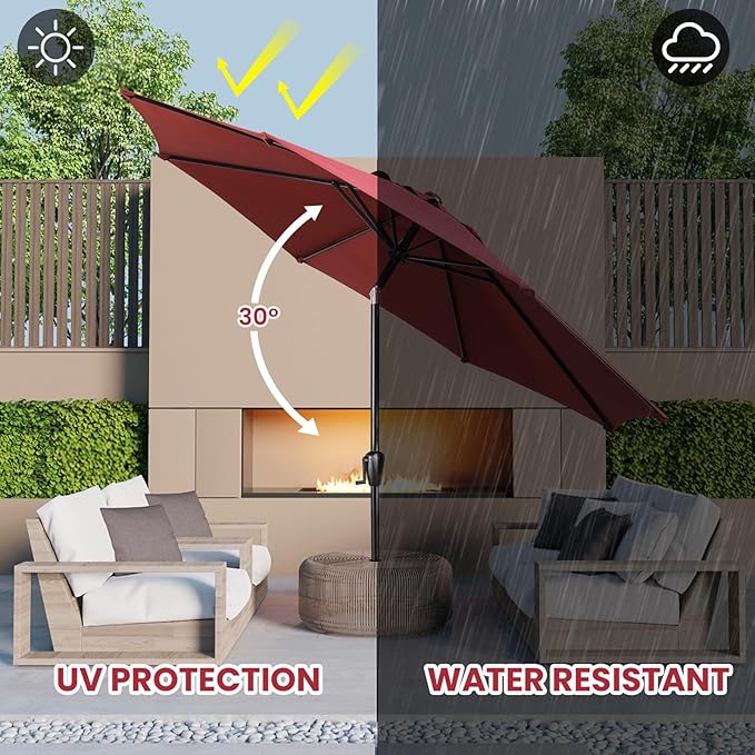 Sun-Ray 9' Round Patio Umbrella with Push-Button Tilt and Hand Crank Lift System, Market Umbrella for Porch, Deck, and Patio