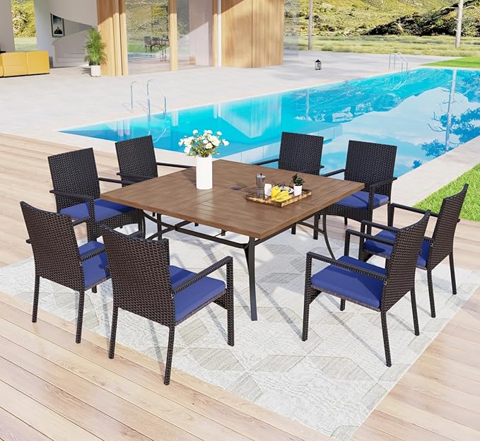 MFSTUDIO 9 Pieces Patio Dining Table Set, 8 Person Outdoor Square Table Set with Chairs, Large Dining Furniture Set, Patio 57.5" Square Metal Dining Table for 8, Backyard, Porch