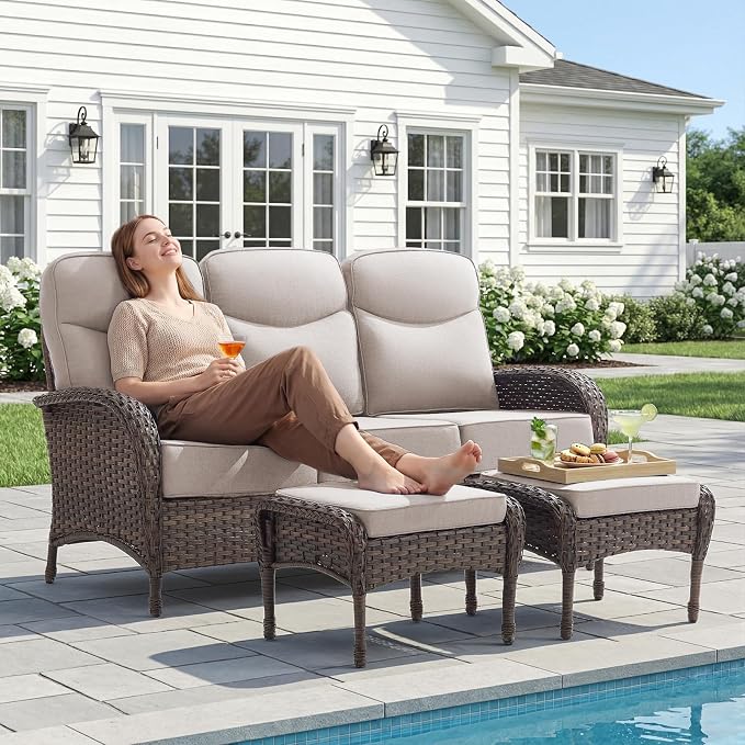 HUMMUH 7-Piece Patio Furniture Set with 6" Thick Cushion High Back Outdoor Swivel Rocker Chairs with 3-Seater Sofa,Coffee Table & Ottomans,Wicker Outdoor Conversation Set for Deck, Porch,Poolside