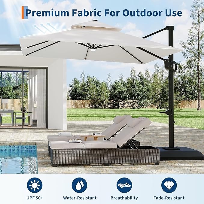 10x10 ft Double Roof Square Cantilever Patio Umbrella with Solar LED Lights & Cross Base – 360° Rotation, Heavy-Duty Sun Shade with Easy Tilt for Backyard, Poolside, and Garden Use, Navy Blue