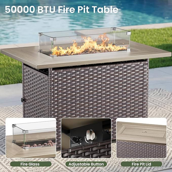 Luxury Patio Furniture Set with 6-inch Thick Cushion, Outdoor Furniture with Fire Pit Table, Swivel Chairs, Side Table, Sofa, 5pcs Wicker Conversation Set for Deck Yard and Poolside(Beige)