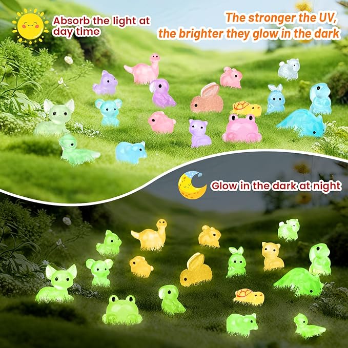 150PCS Luminous Mini Resin Animals 30+ Types Variety Glow in The Dark Tiny Animals Figures Bulk for Dollhouse, Fairy Garden,Micro Landscape Aquarium, Party Decoration DIY Crafts