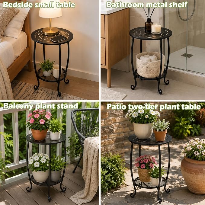 Metal Round Side Table Set of Two Black Accent Coffee Tables Small Space Corner Plant Stand Shelf for Indoor Outdoor Porch Patio Balcony Living Room End Table with Storage