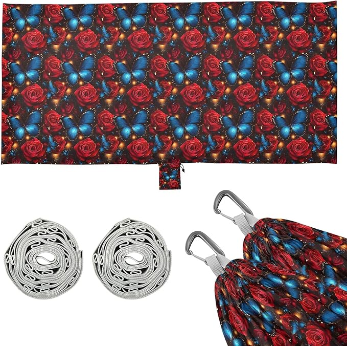 Camping Hammock Outdoor Hammocks for Outside Blue Butterfly Red Rose Beach Trees Portable Lightweight with Pockets Tree Straps Indoor