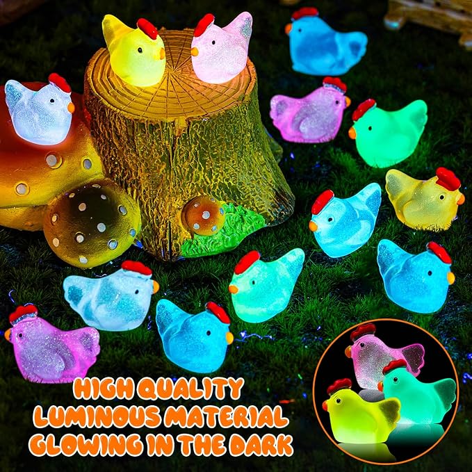 192PCS Luminous Mini Resin Chickens Tiny Chickens for Micro Garden | Miniature Chickens Animals Figurines Glow in The Dark, Micro Landscape DIY, Home Outdoor Party Decor