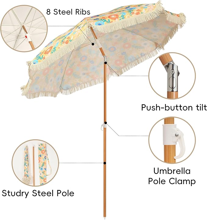 Seazul 5.2ft Patio Umbrella with Fringe, Beach Umbrella, Fringe Umbrella Outdoor Patio, Tilting Steel Pole, UV 50+, Fiberglass Ribs, Floral