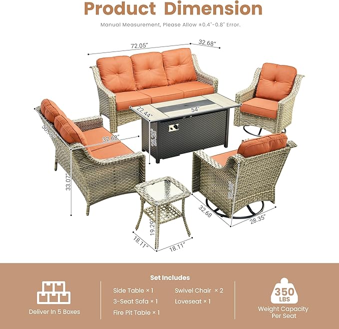 HOOOWOOO Patio Furniture Set,6 Pieces Wicker Outdoor Furniture,High Back Conversation Set with All Weather Resistant Fire Pit Table Couch Swivel Chairs,Red