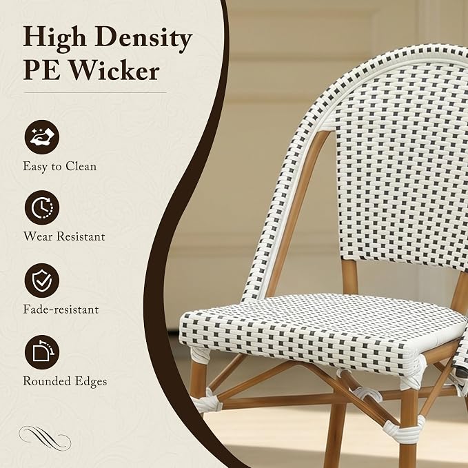PURPLE LEAF 5-Piece French Bistro Dining Set Rectangle Outdoor Patio Table and 4 Armless Chairs Tempered Glass Top PE Rattan Bamboo Print Finish Aluminum Frame White