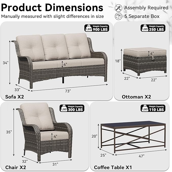 7 Piece Outdoor Wicker Patio Furniture Set, Patio Chairs Set with Thickened Olefin Cushions, High Back and Deep Seating, Hand-Woven PE Rattan, Ottoman for Porch, Deck