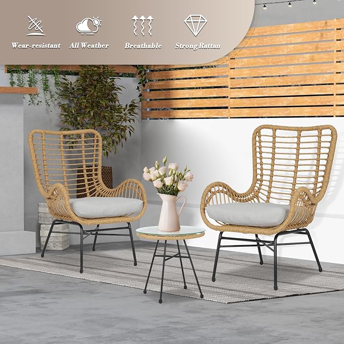 Athena Collection Patio Bistro Sets, 3 Piece All Weather Furniture Set Outdoor Conversation Set Glass Table and Rattan Chairs Set with Soft Cushions for Garden, Poolside, Backyard, Light Gray