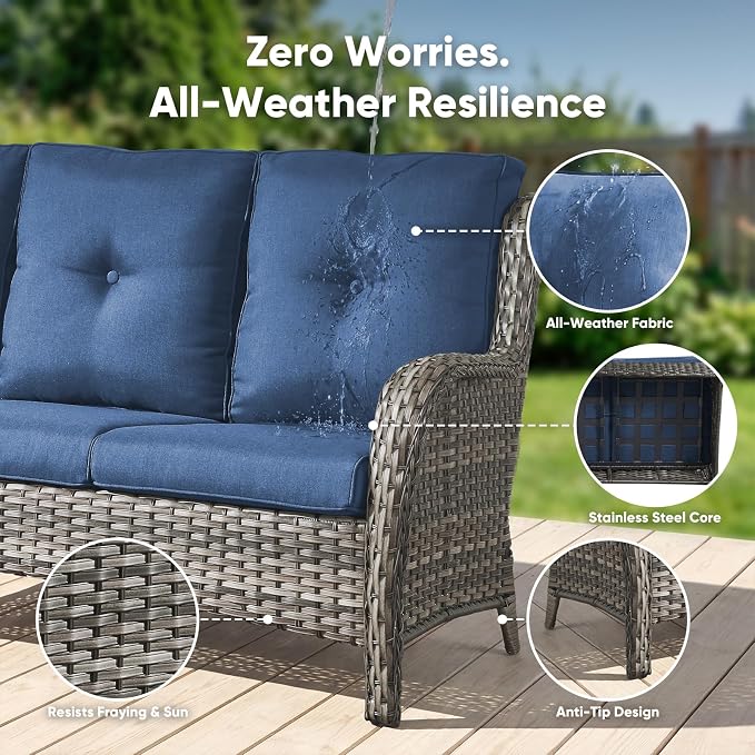 Belord 3-Piece PE Wicker Outdoor Sofa with 2 Ottomans, Luxury Patio Couch Convertible to Chaise Lounge, All-Weather High Back Deep Seat Woven Furniture for Deck, Porch - Grey/Blue
