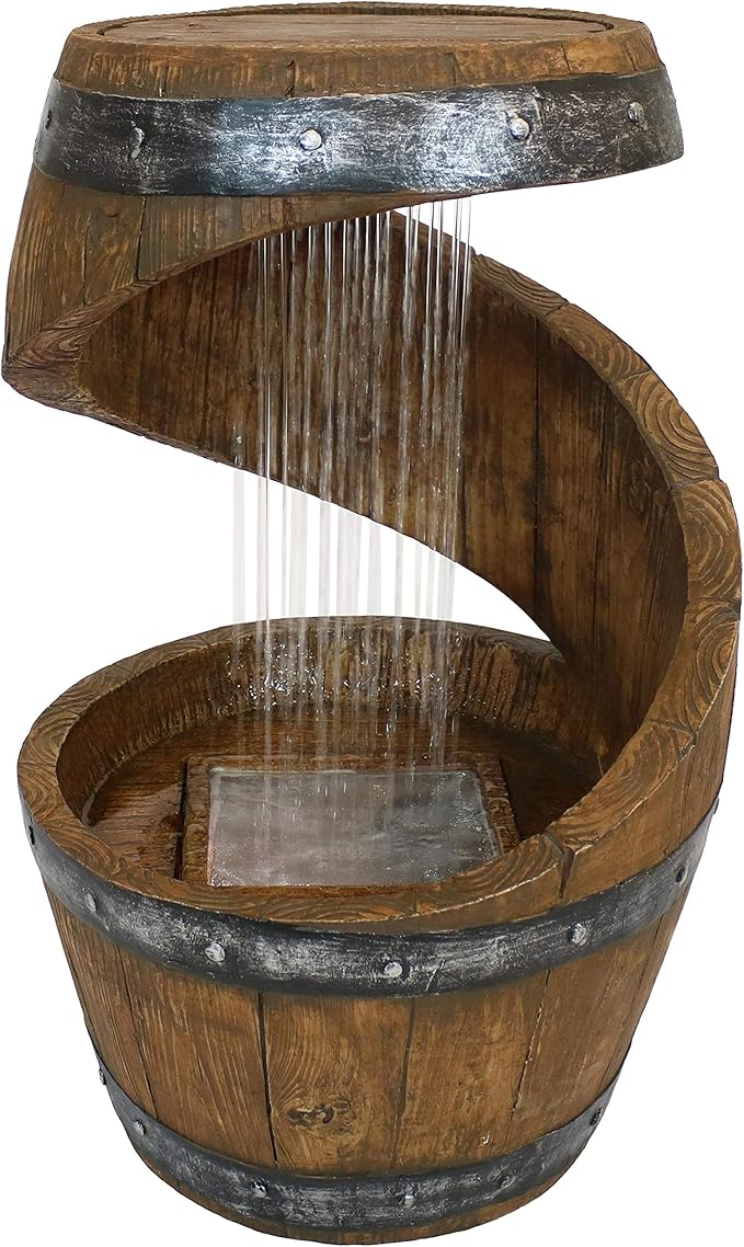 Sunnydaze Spiraling Barrel 25-Inch Outdoor Water Fountain with LED Lights - Electric Submersible Pump with Adjustable Flow