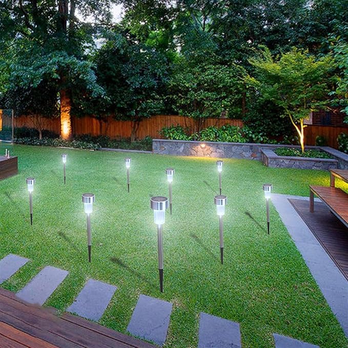 Stainless Steel Outdoor Solar Lights - Waterproof, LED Lawn Lamps Lighting Solar Powered Outdoor Lights Solar Garden Lights for Pathway Patio Yard (10pcs-White & Silver)