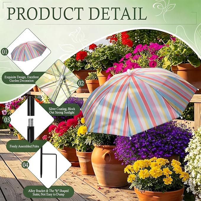 Hillban 6 Pack Plant Shade Umbrellas for Outdoor Plants 23.6" Large Garden Umbrella Shade for Potted Flower with Adjustable 40" H Sunshade Cover for Patio Garden Bed Flowers(Striped Pattern)