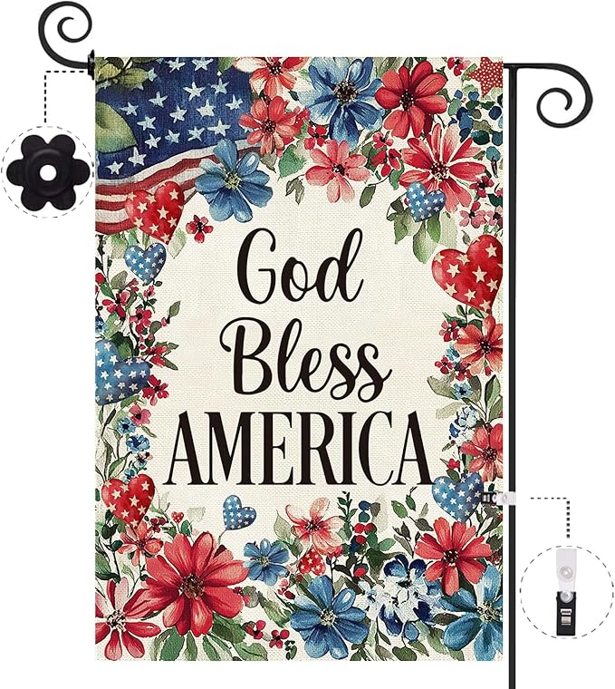 Baccessor 4th of July Patriotic Garden Flag 12.5 x 18 Inch Double Sided Burlap God Bless America Floral Memorial Day Small Yard Flag Summer Holiday Seasonal Farmhouse Outdoor Outside Decoration