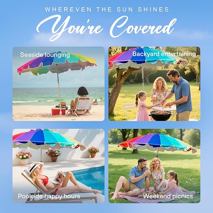 AMMSUN 7.5ft Large Heavy Duty HIGH Wind Beach Umbrella with sand anchor & Tilt Sun Shelter, UPF 50+ Protection Outdoor Umbrellas Sunshade with Carry Bag for Patio Garden Pool Backyard Rainbow