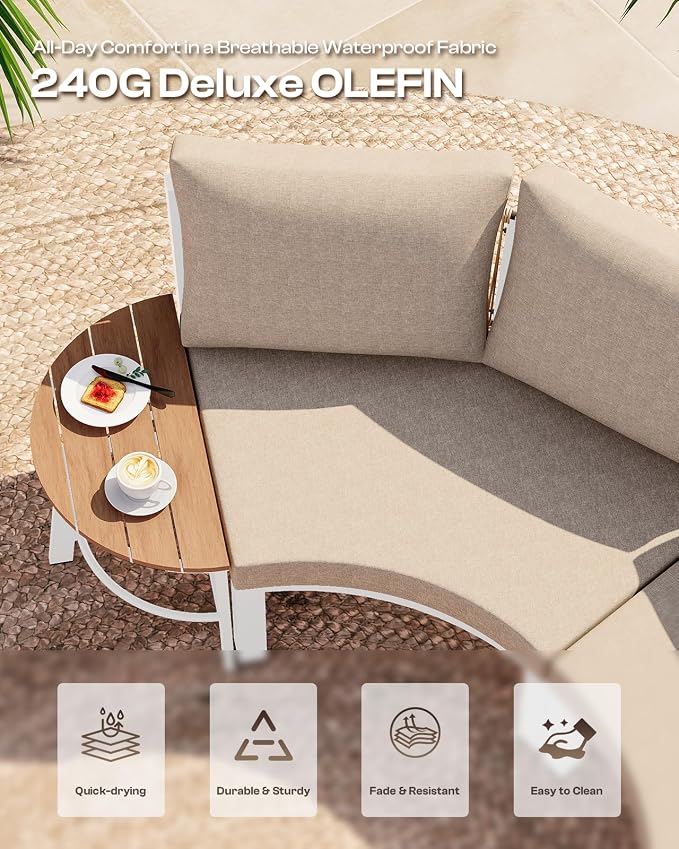 Outdoor Patio Furniture Set, 7 Piece Aluminum Curved Outdoor Sectional Sofas with Modular Coffee Table, PE Rattan Patio Conversation Sets, All-Weather Patio Couch Sets with Cushions, White