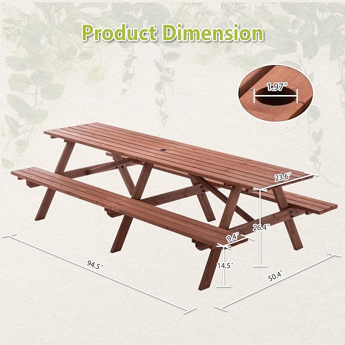 12-Person Picnic Table Set, 95-Inch Extra Large Outdoor Wooden Table with Benches & Umbrella Hole, Rustic Brown Patio Furniture for Garden, Backyard (Brown, 94.5")