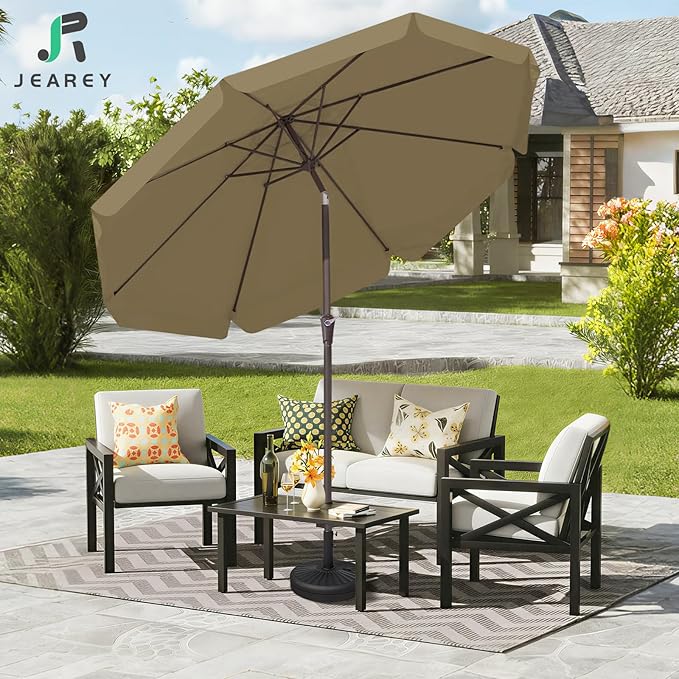 JEAREY 9 FT Patio Umbrella Outdoor, Table Umbrellas Market Umbrella w/Push Button Tilt/Crank, 8 Sturdy Ribs(Tan)