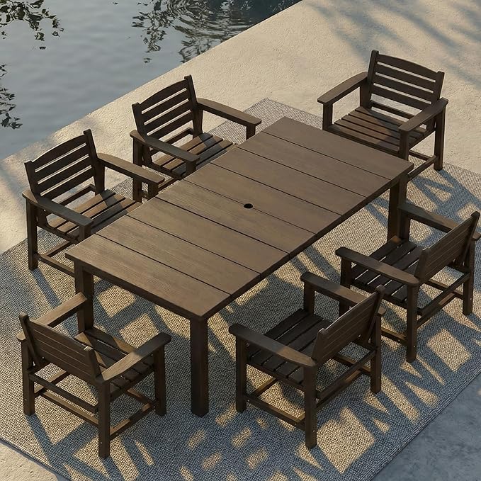 7-Piece Outdoor Dining Set for 6, 75.2" HDPE Patio Table with Umbrella Hole & 6 Chairs, Weather-Resistant Wood-Look Patio Furniture for Garden, Lawn, Deck, or Poolside (Brown)