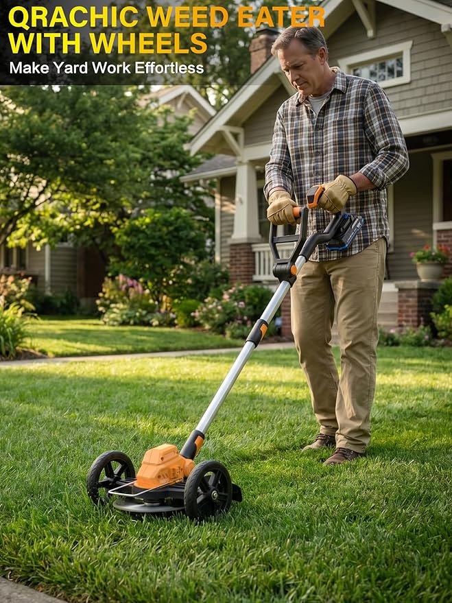 9-in-1 Weed Wacker with Wheels, Cordless Electric Weed Eater & Lawn Edger, Mini Mower Brush Cutter, 2x2.0Ah Battery Powered, 3 Blade Types, Adjustable Shaft