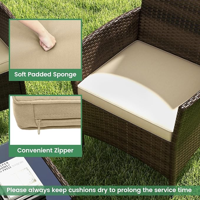 ORALNER 4 Pieces Patio Furniture Set, Rattan Chairs Loveseat with Soft Cushion and Glass Table, Outdoor Wicker Conversation Set for Balcony Garden Backyard Porch Poolside (Beige)