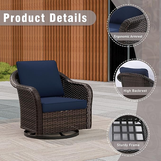 Outdoor Wicker Swivel Chair Set of 2, All-Weather Use Patio Rattan Chair with Seat and Back Cushion, Ideal for Porch, Backyard, Balcony, Poolside, Blue