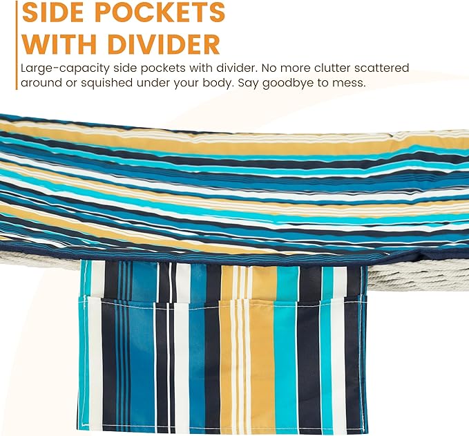 Lazy Daze Hammocks Rope Hammock with Pad, Spreader Bar, Carabiners, Tree Straps, Chains for Outside Patio- Max 450 Lbs, Beach Stripes
