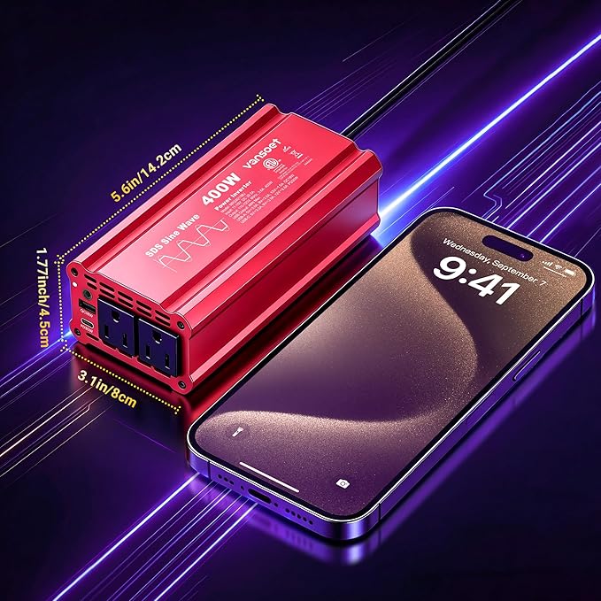 【2026 Upgraded】 400W Peak Clipped Sine Wave Car Power Inverter DC 12V to AC(2 Outlets) 110V Car Charger Plug Adapter Power Converter with PD3.0 & QC18W Dual USB Charging Ports (Red-400)