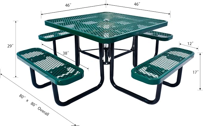Heavy Duty 46" Steel Square Picnic Table,Expanded, Metal Outdoor Table (Green)