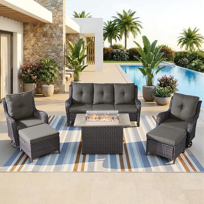 Patio Furniture Set with 41" Fire Pit Table - High Back Patio Conversation Set with 4 Inch Thick Cushions and Deep Seating Swivel Glider Chairs & Outdoor Couch for Porch Deck Yard Pool Brown
