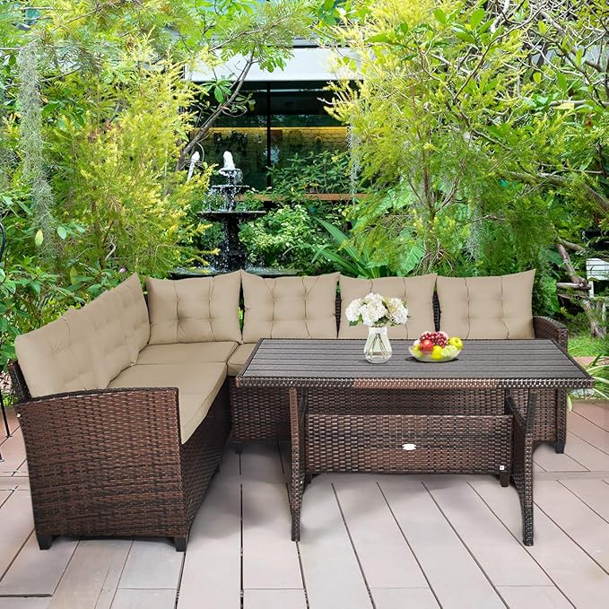 Tangkula Patio Furniture Set, 3 Pieces Outdoor Conversation Set with 6 Cushioned Seat & Coffee Table, Rattan Couch Set for Balcony, Garden, Lawn, Poolside and Backyard (Brown)