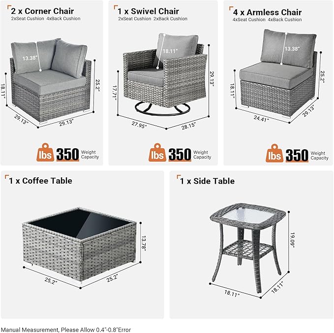 ovios Outdoor 9 Piece Coversation Set with Swivel Rocking Chair,Sectional Patio Furniture Set with All-Weather Wicker Sofa,Modern Outside Couch for Balcony Backyard Pool, Dark Grey
