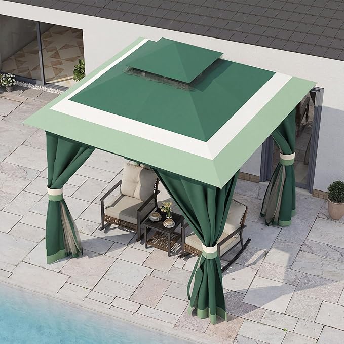 LAUSAINT HOME 8'x8' Outdoor Gazebo, Metal Frame Heavy Duty Patio Canopy Tent Shelter with Double Roofs, Mosquito Nettings and Privacy Screens for Backyard, Garden, Lawn, Forest Green