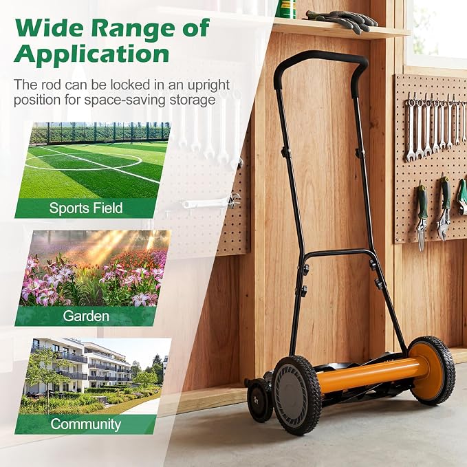 Push Reel Lawn Mower, Cordless 18" Manganese Steel Manual Grass Cutter with 5-Blade, Removable Grass Catcher, 9 Cutting Heights, Walk-Behind Lawn Mower for Garden Farm Yard (Orange)